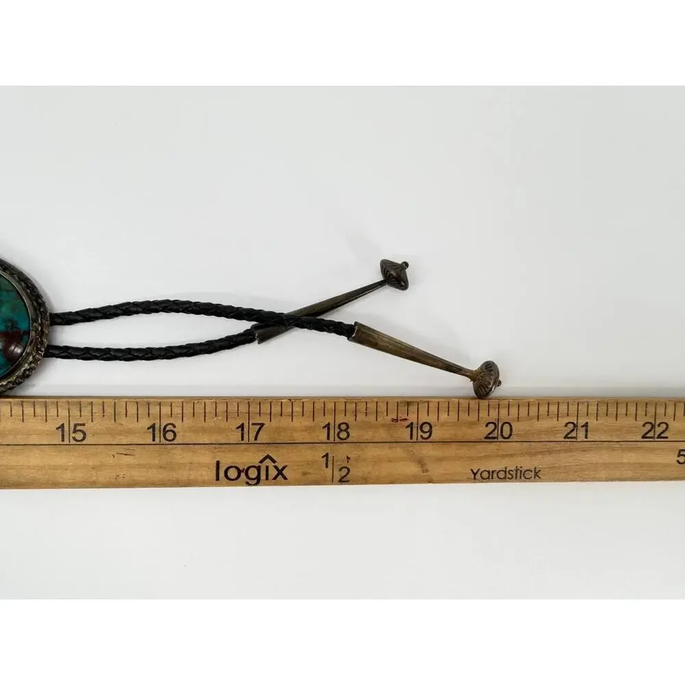 Vintage Sterling Silver Turquoise Bolo Tie Leather Cord Southwestern 59.2g
